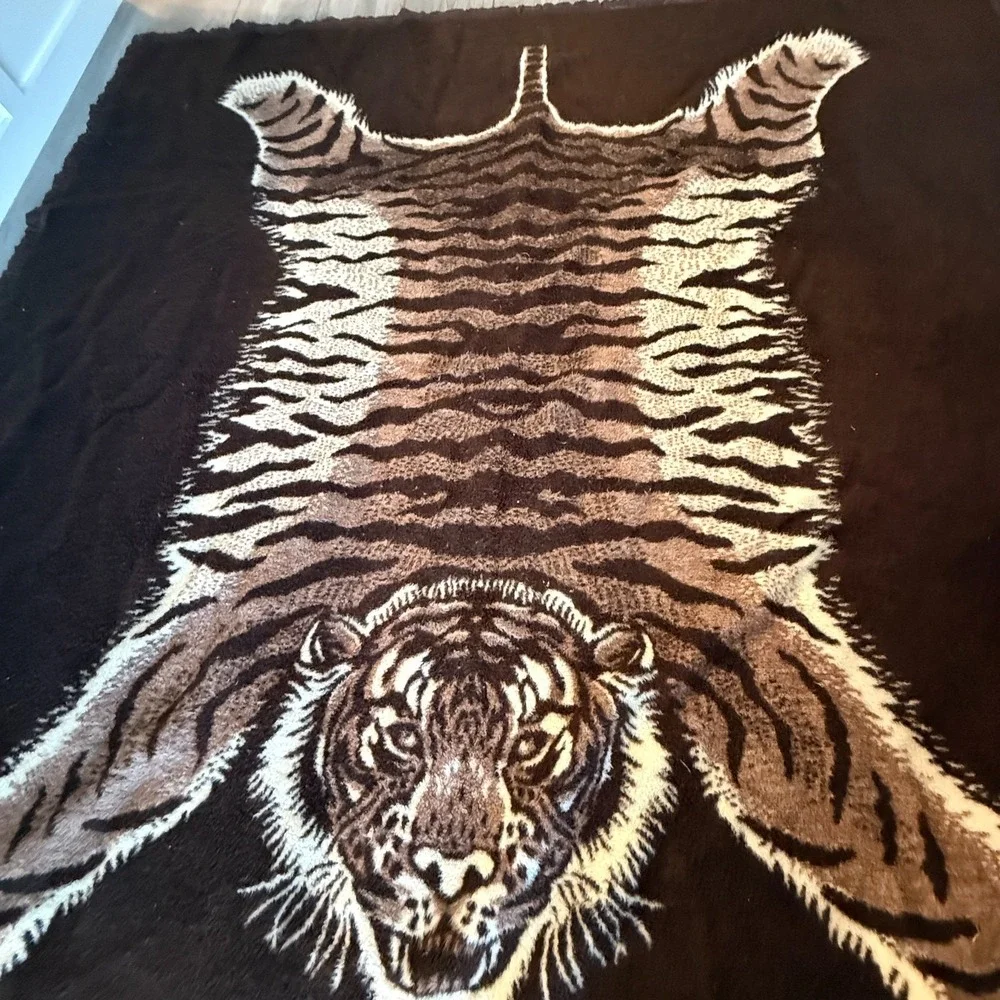 Vintage Biederlack Style Tiger Faux‎ Pelt Rug Fleece Blanket Germany 85x89 XL